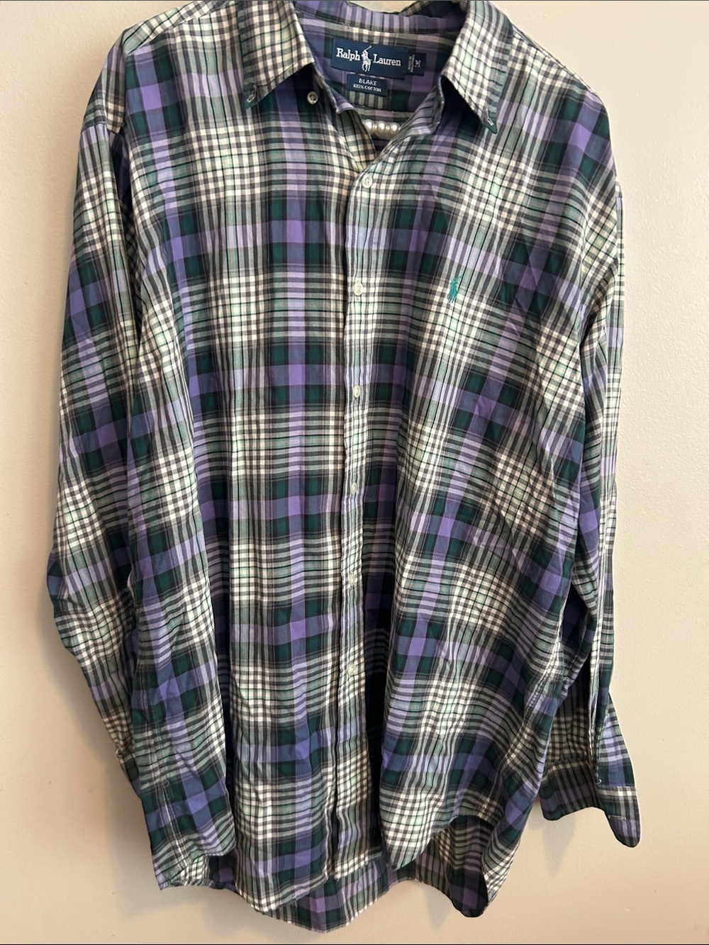 Polo Ralph Lauren Blake Shirt Mens Medium M Purple Green Plaid Button Down 90s - Picture 2 of 4